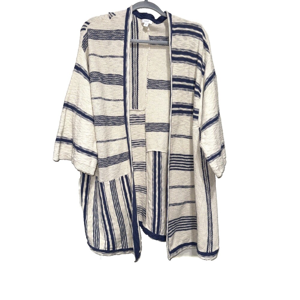 Pure Jill 100% Cotton Striped Open Cardigan Blue Cream Coastal Duster Size M